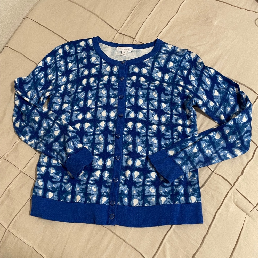 Charter Club Women's Long Sleeve Cardigan, PM, EUC, Blue/White